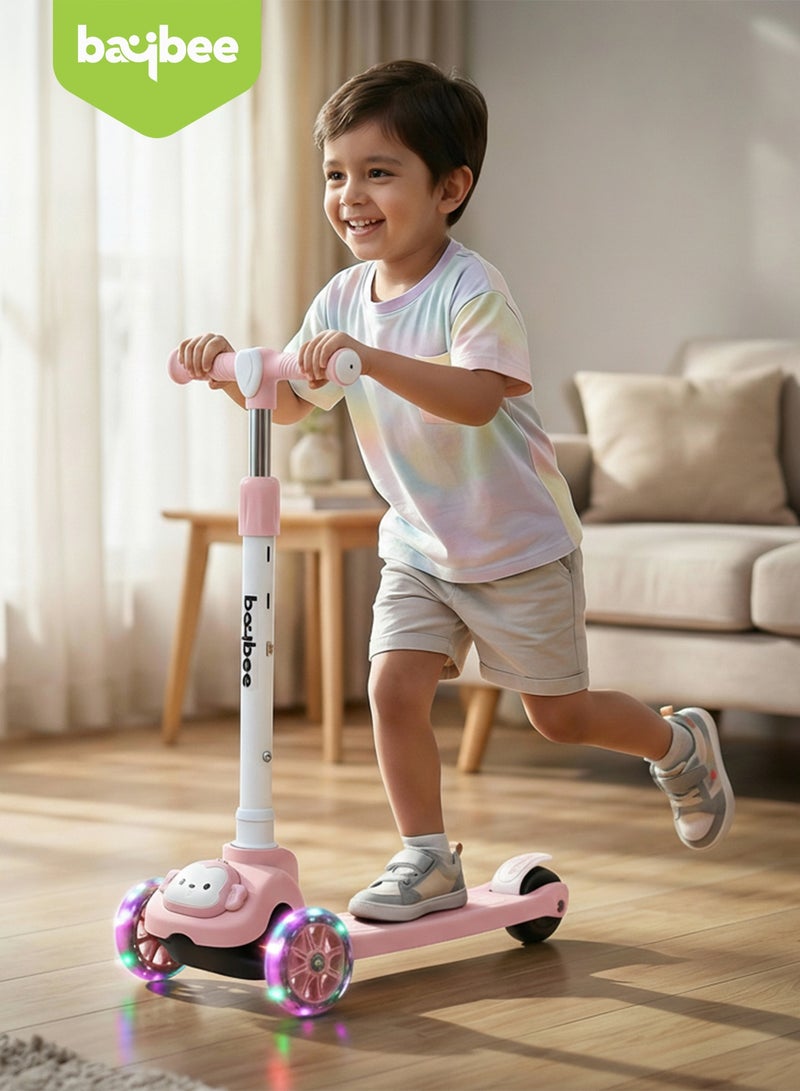 بيبي سكوتر مونكي للأطفال | سكوتر بثلاث عجلات للأطفال بثلاثة ارتفاعات قابلة للتعديل، مزود بإضاءة LED وموسيقى | سكوترات تزلج تتحمل وزنًا يصل إلى 50 كجم | سكوترات جري للأطفال من عمر سنتين إلى 10 سنوات، لون وردي فاتح - Image 2